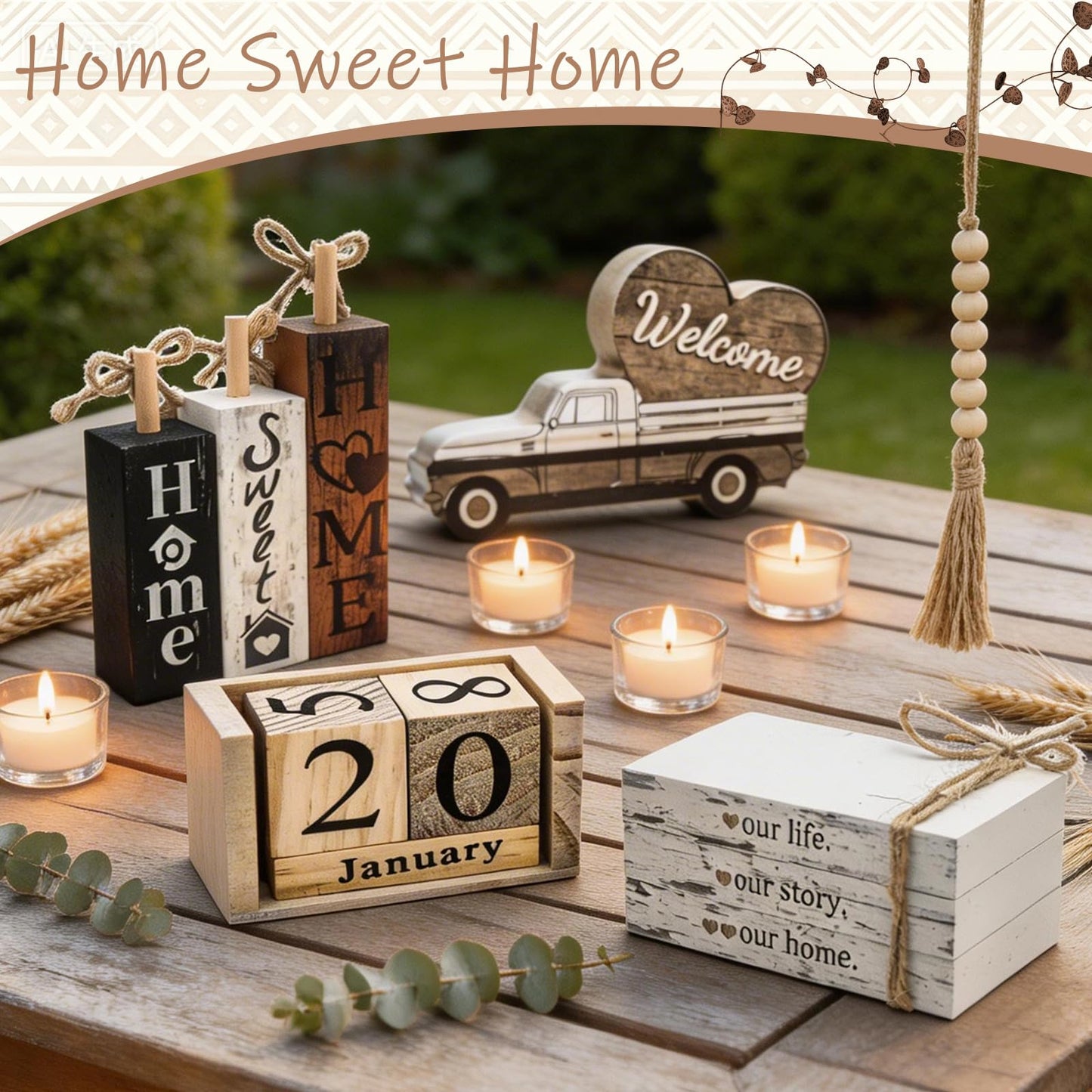 Farmhouse Wooden Table Decor White Faux Books for Decoration with Wood Bead Garland, Wooden Perpetual Block Calendar Rustic Tiered Tray Decor for Home Sweet Kitchen Entryway Living Room Shelves