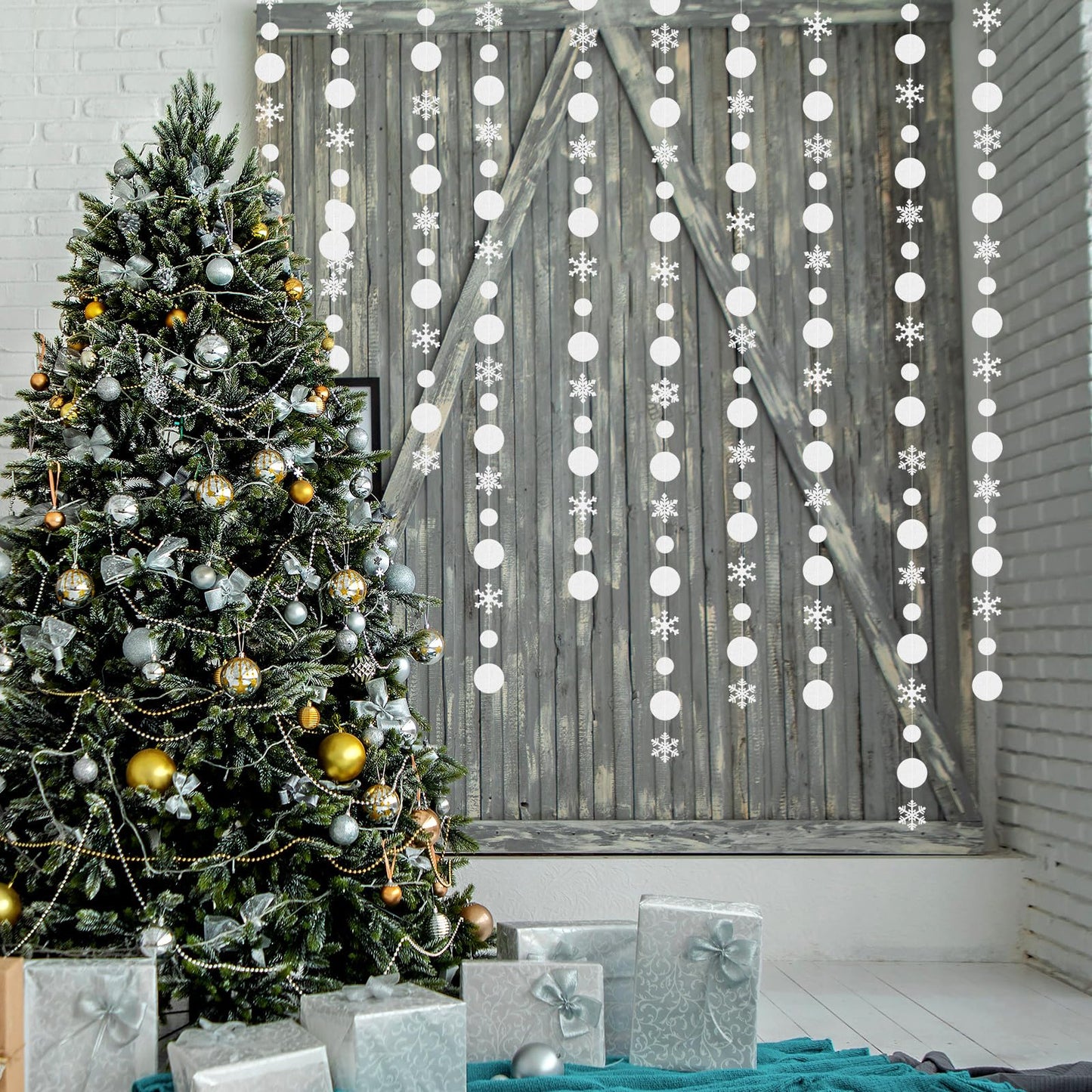 Silver Snowflake-Snow White-Christmas Party-Decorations Garland - 4pcs Winter Wonderland Hanging Streamers,Frozen Baby Shower Birthday New Year Bridal Ceiling Banner Backdrop Decor Burgleda