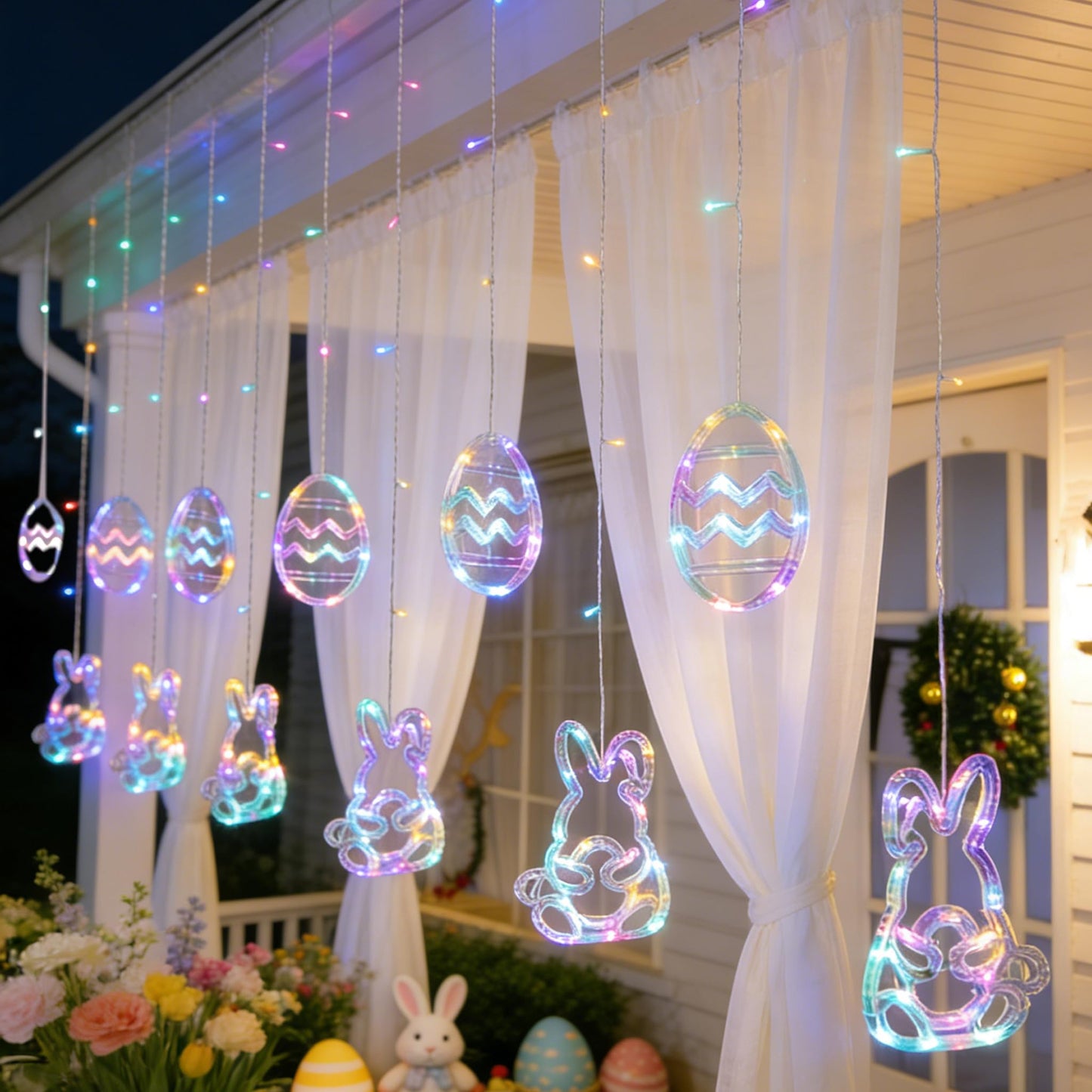 Dazzle Bright Easter Lights, 222LED 9FT Pastel Rabbit and Eggs Curtain String Lights with 8 Modes, Plug in Easter Decorations for Indoor Window Outdoor Party Decor (Pastel)
