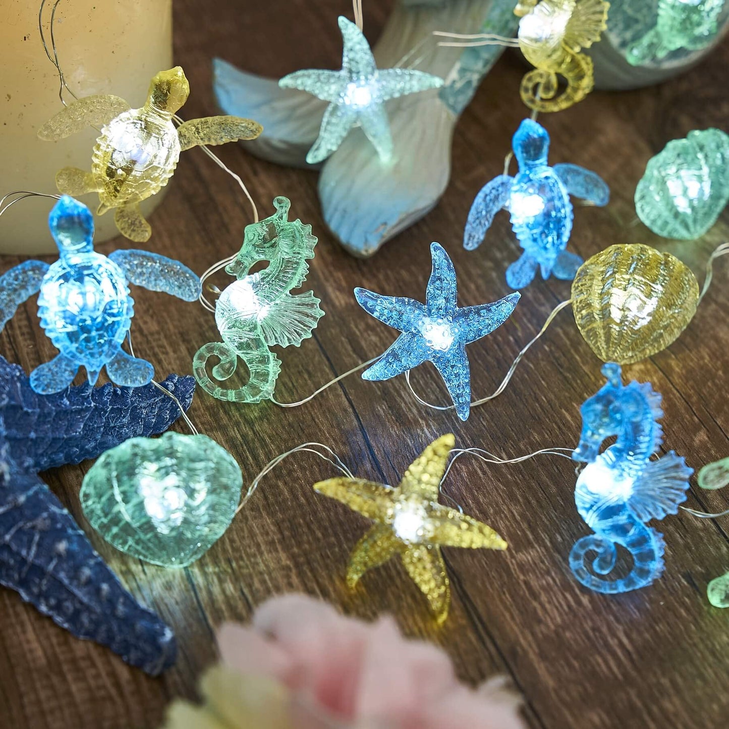 Belniak Nautical Theme Ocean Décor Beach Decorative String Lights Outdoor Seahorse Sea Turtle Starfish Shell Cute Marine Life Novelty Night Lights 30LED 10ft Battery Operated