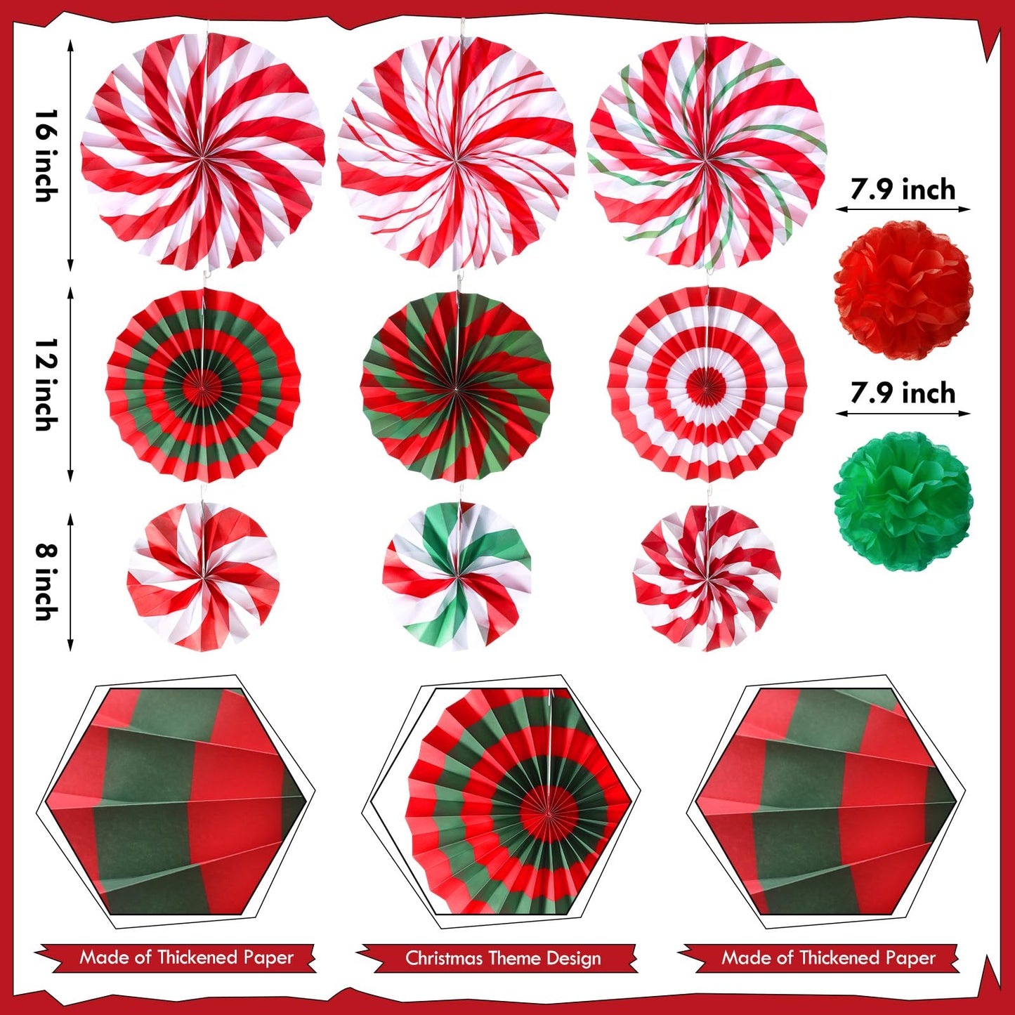 Outus 21 Pcs Christmas Candy Hanging Paper Fans Peppermint Christmas Banners Xmas Classroom Ceiling Decorations Tissue Poms Honeycomb Ball Ornaments for Birthday Wall Decor Supplies(Classic)