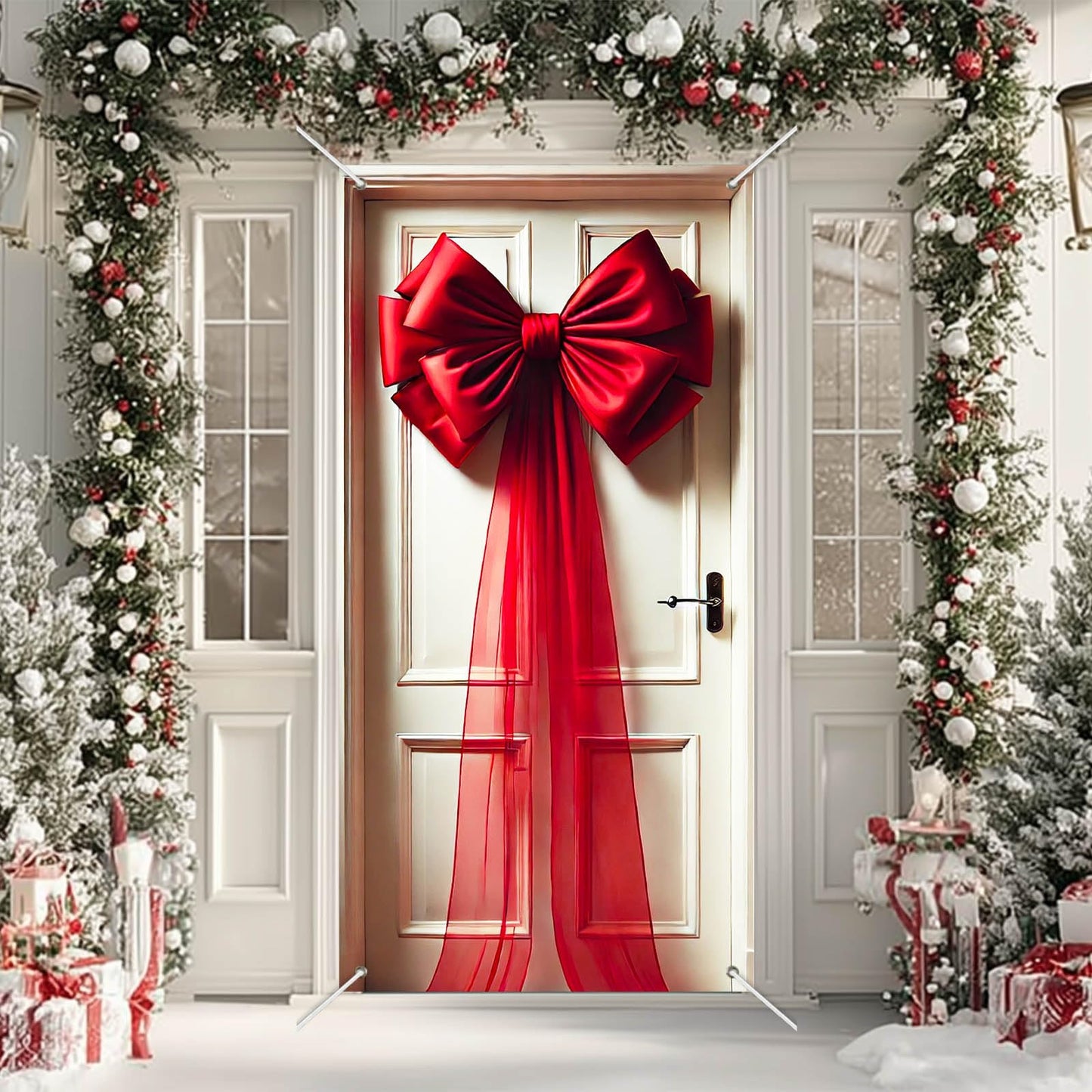 BlissYard Giant Red Bow Christmas Door Cover 35x71 Inch Holiday Entry Banner for Front Door Indoor Outdoor Winter Backdrop Wall Hanging Décor