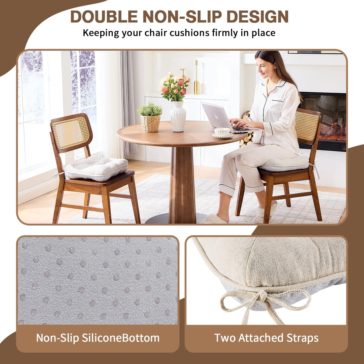 BETU Chair Cushions for Dining Chairs Set of 4,3.5" Thick Kitchen Table Chair Pads with Ties,Non Slip Backing and Covers, Seat Cushion for Dining Room,Bar,Patio Chairs,15.5"X15.5"X3.5",Beige