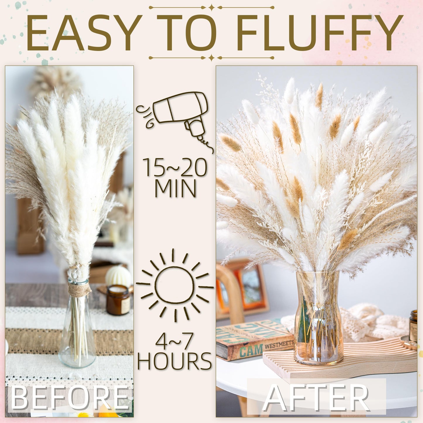 floradream 95 PCS Natural Pampas Grass Decor Bouquet | Boho Dried Floral Arrangement Centerpiece Table Decor Wedding Decor Rustic Decor, Natural, white, beige (Fdm-b-01)