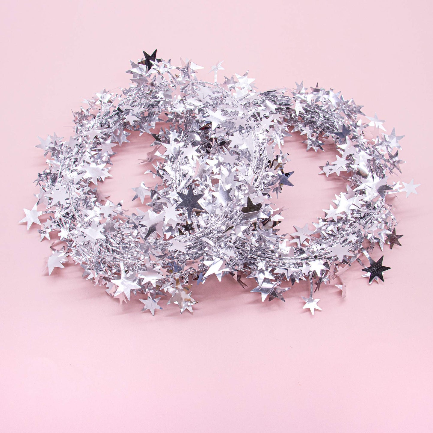 AUEAR, 2 Rolls 50 Ft Silver Sparkly Star Tinsel Garlands with Wire Christmas Decorations for Xmas Tree Home Wedding Birthday Party Festive Ornament