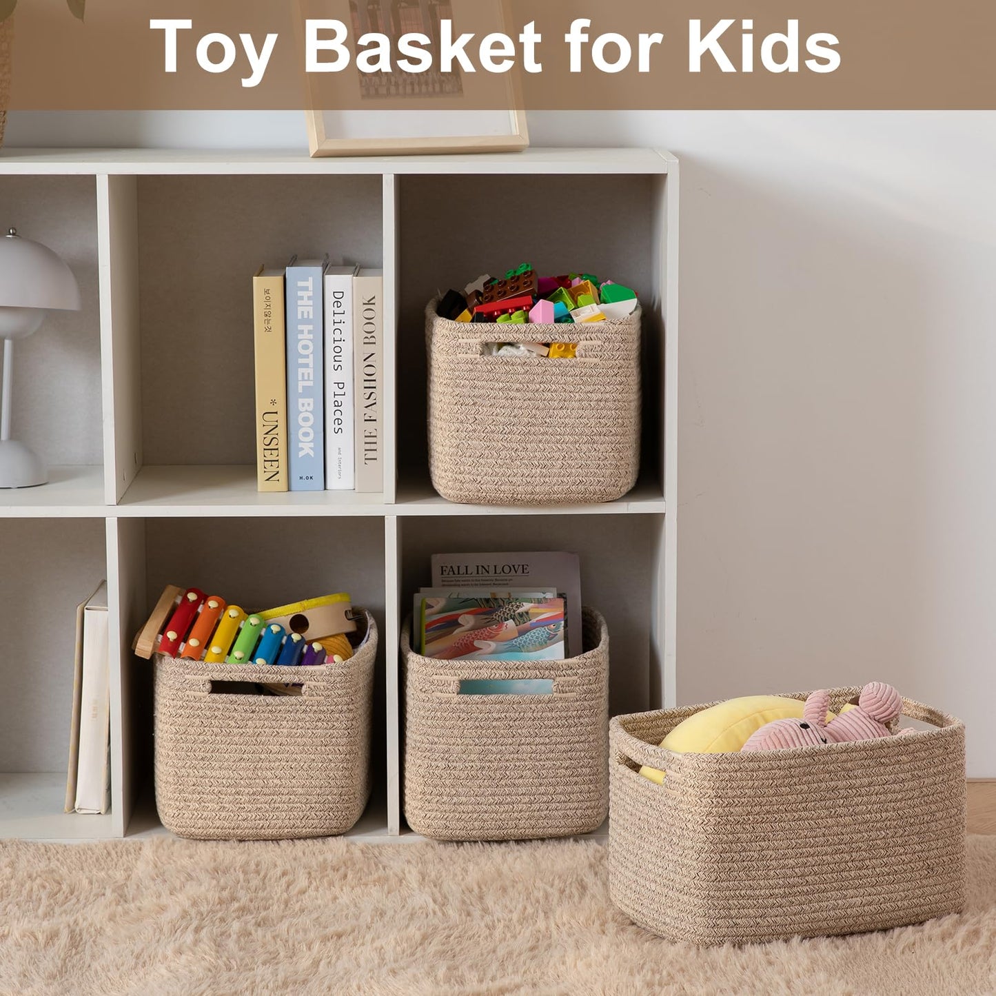 OIASKET Storage Baskets for Organizing, Woven Decorative Baskets for Shelves - Books, Towels, and Clothes, Cotton Rope Toy Storage Bins, 12.7''Lx9''Wx7.8''H, Pack of 4, Brown