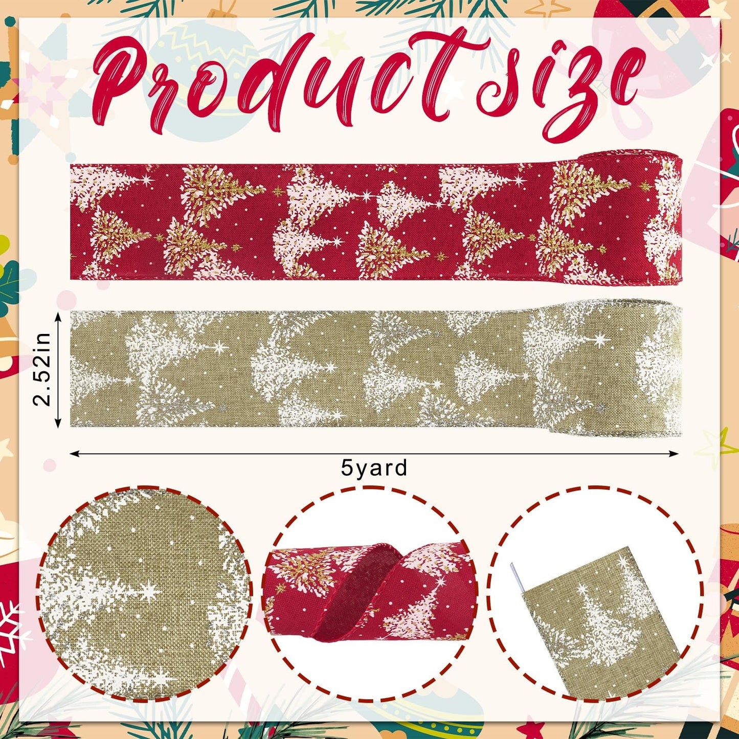 Threetols 2 Rolls 10 Yards Christmas Wired Edge Ribbons, 2.5inch Red Brown Ribbons, Glitter Christmas Tree Snowflake Ribbon for Winter Xmas Party DIY Craft Wreath Bow Decor