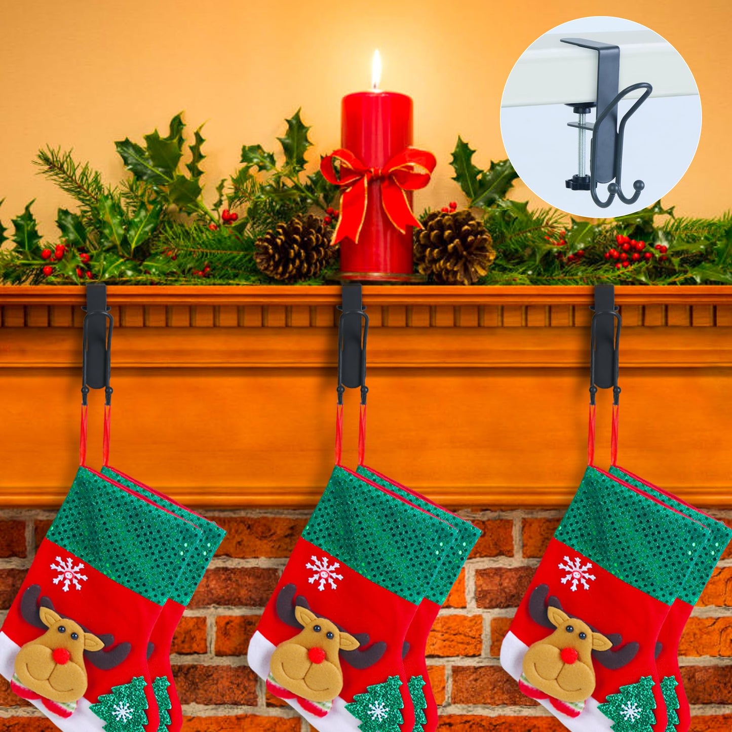 Muximud Stocking and Garland Hangers for Mantle, 2 in 1 Adjustable Metal Garland Holder for Hanging Christmas Stocking, No Drill Mantle Hanger for Fireplace Holiday Decoration, Grey, 3 Pcs