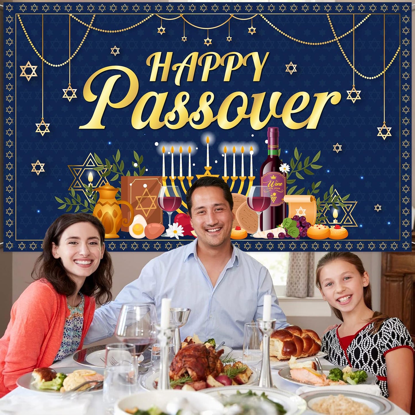 Happy Passover Banner Backdrop - 72'' x 43'' Passover Banner Decoration, Hanging Jewish Pesach Background Decor for Wedding Festive Welcome Banner Passover Party Supplies