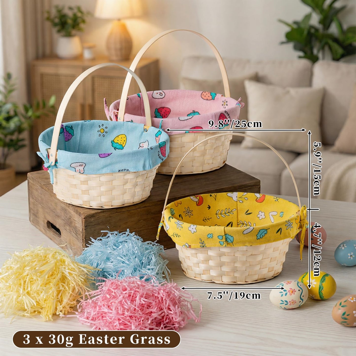 Lanpn Natural Bamboo Easter Basket 3PCS with Removable Bunny Fabric Liner and Raffia Grass for Egg Hunt Candy Picnic Seasonal Decoration (Yellow Pink Blue)