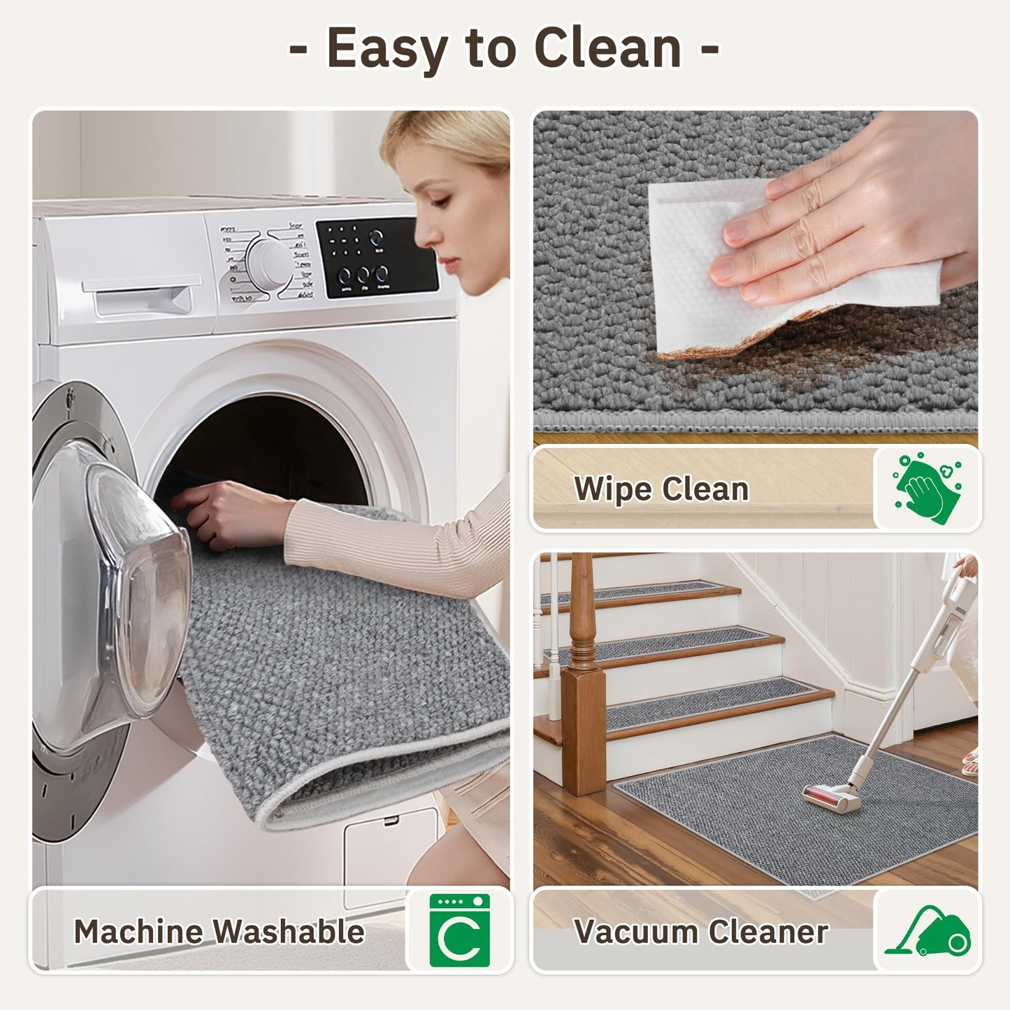 Carpet Stair Treads Non Slip - 4 Pack 8" x 30" Peel and Stick Stairs Tread for Wooden Steps Washable Stair Runners Rug Stain Resistant Edging Staircase Mat for Kids and Dogs(4pc, Grey)