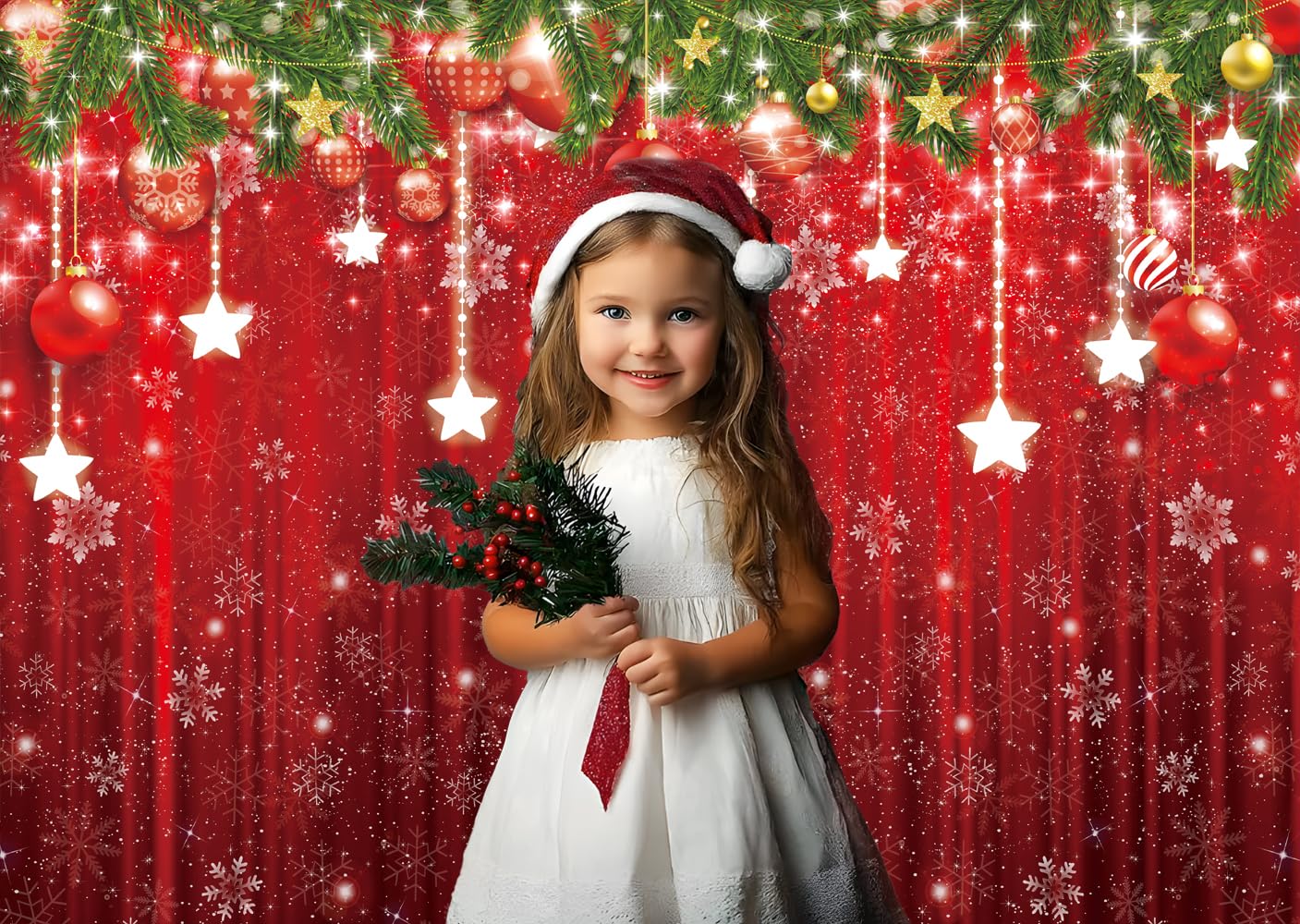 LTLYH 7x5ft Christmas Photography Backdrop Red Glitter Snowflake Star Hanging Ornaments Holiday Photo Background Xmas Party Decorations Holiday Photo Background 113