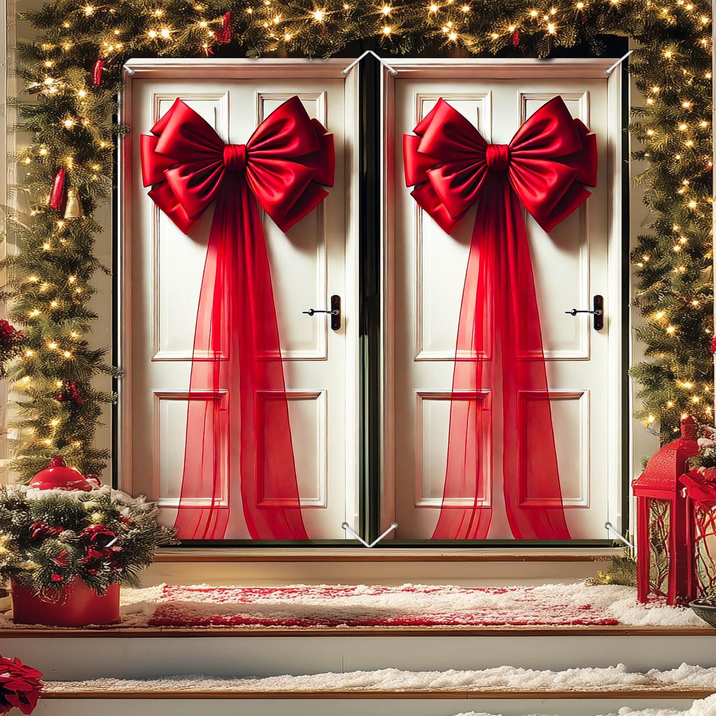 BlissYard Giant Red Bow Christmas Door Cover 35x71 Inch Holiday Entry Banner for Front Door Indoor Outdoor Winter Backdrop Wall Hanging Décor