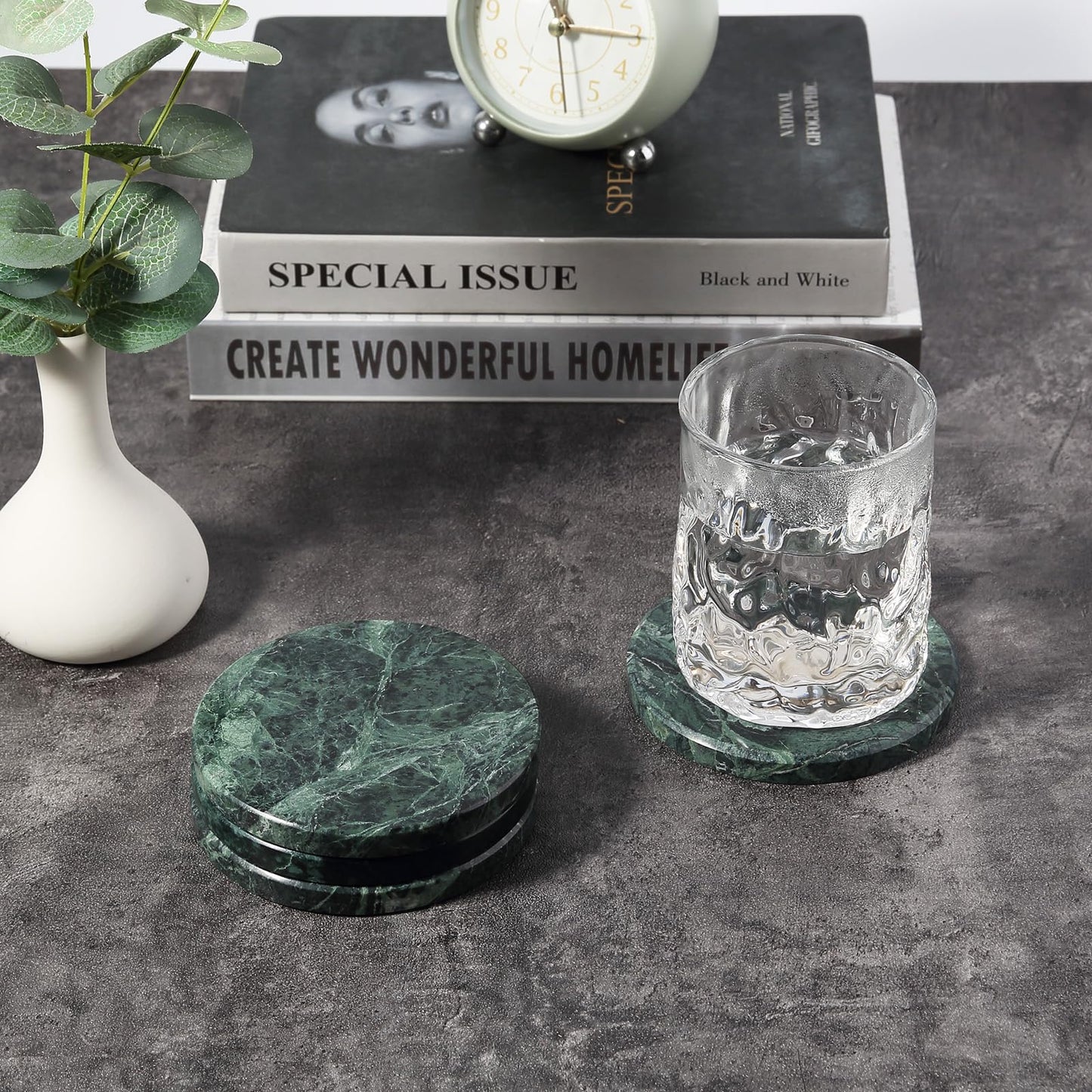 Koville Marble Coaster Set of 4, Round Coasters, 4" Stone Coaster for Drinks Coffee, White Marble Coasters for Coffee Table Home Bar Decor, Heat Resistant, Gift Choice(Green)