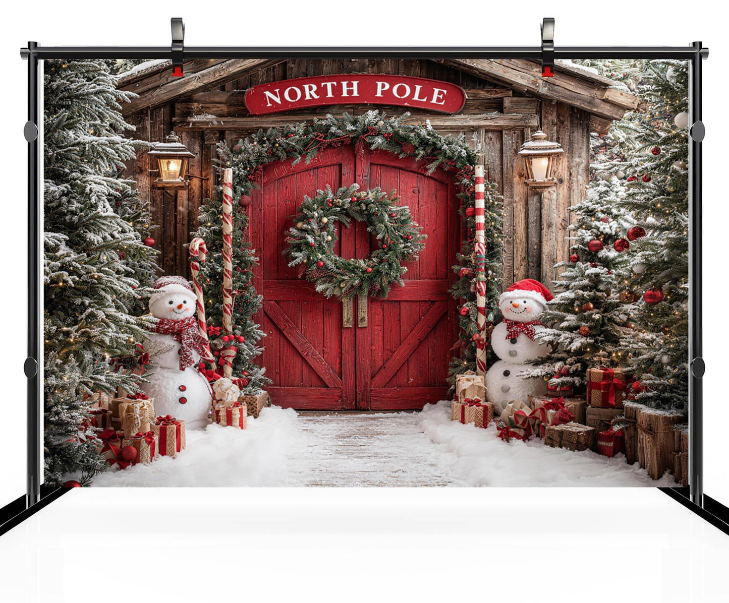 CHNYWORK 7x5ft Christmas North Pole Backdrop Snowman Christmas Trees Gift Boxes Snowy Pine Forest Red Wooden Door Winter Holiday Background New Year Xmas Eve Party Decor Portrait Photo Booth Props