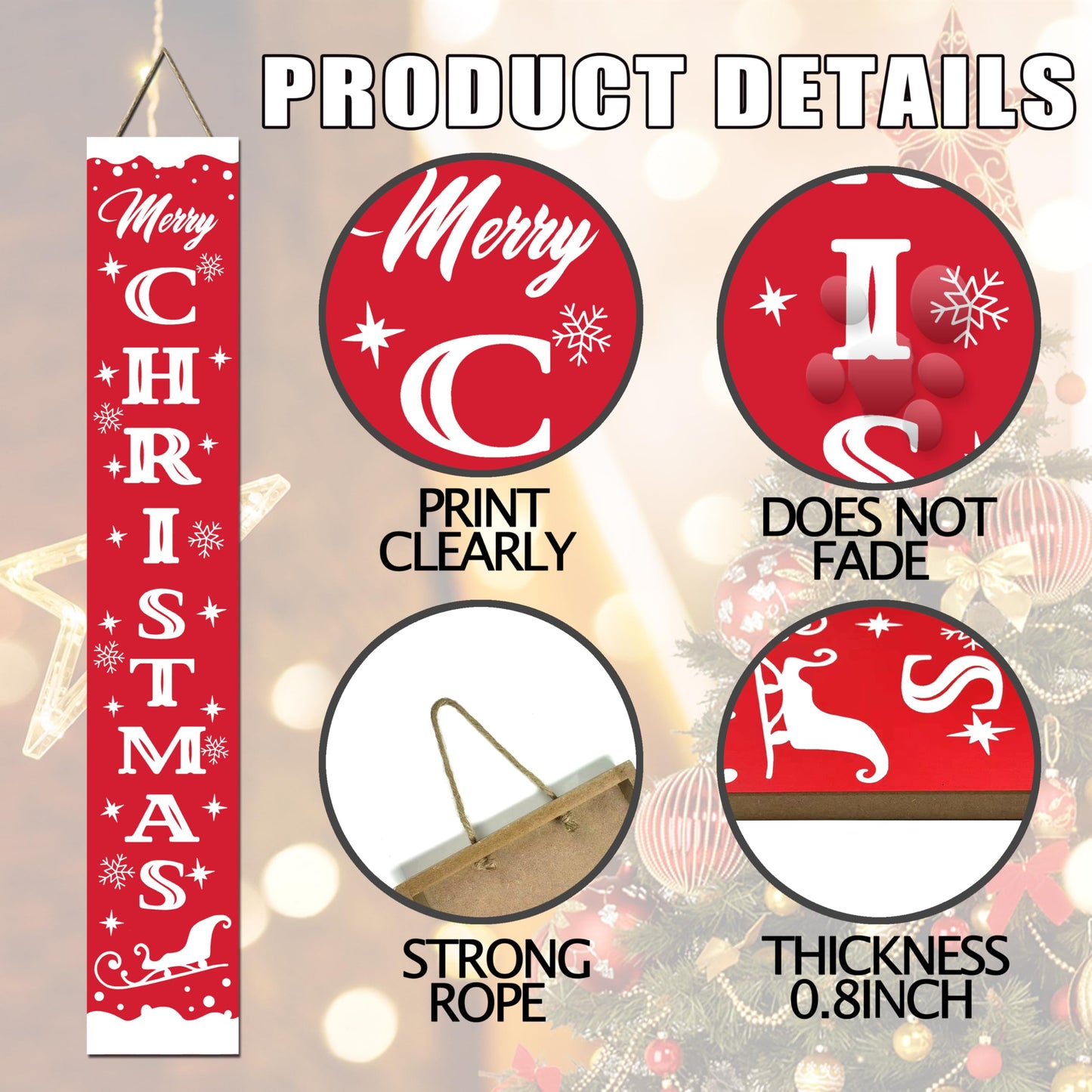 Merry Christmas Wooden Porch Sign 47" Christmas Welcome Signs Front Door Xmas Hanging Decoration Vertical Standing Signs for Home Garden Yard Farmhouse Party Decor