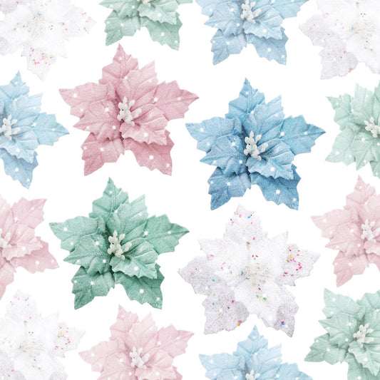 Thiccywoov 12 Pcs Christmas Tree Pastel Poinsettia Christmas Candyland Decorations Glitter Flowers 6" Xmas Tree Decorations with Clips Stems Xmas Ornaments for Wedding Party Wreath Decoration