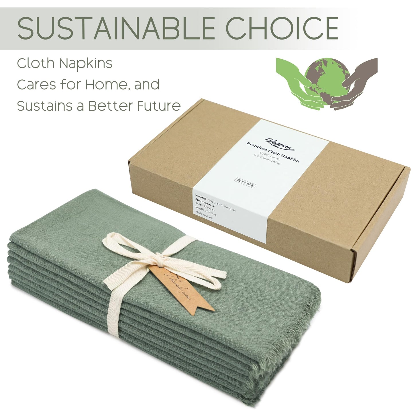 keypan Sage Green Cloth Napkins Washable, Linen Cotton Table Rustic Fabric Napkin Bulk with Fringe for Thanksgiving Dinner Wedding Party Set of 8 17x17 inch