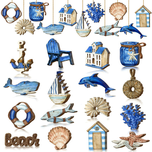 Maitys 36 Pcs Beach Wooden Ornaments Ocean Summer Tree Decorations Coastal Nautical Seaside Wood Cutouts Navigation Hanging Ornaments Xmas Decorations for Home Tree Wall Wreath Crafts(Ocean)
