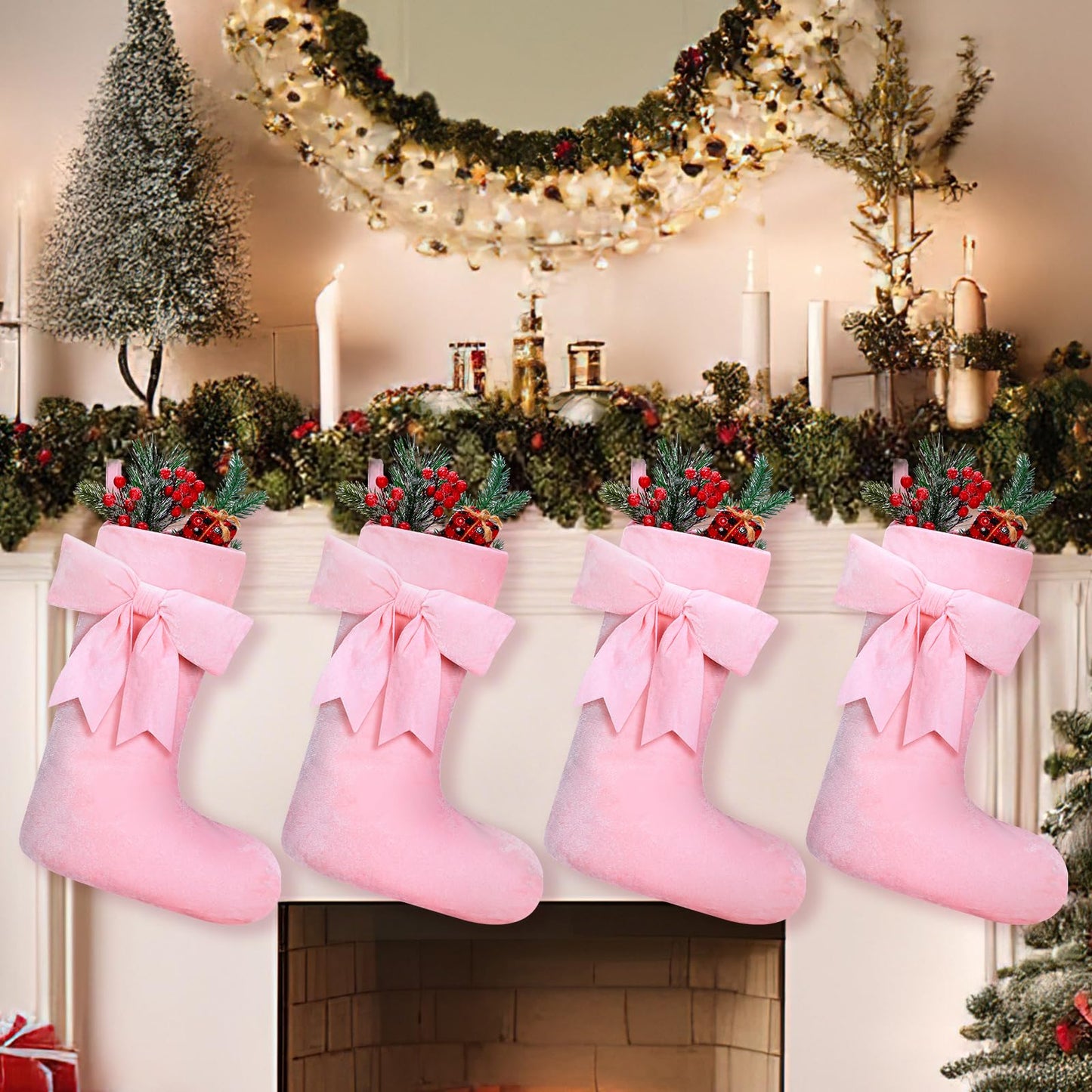 JellyArch 4 Pack 18 Inch Pink Velvet Christmas Stockings Large Coquette Bow Faux Fur Stockings Christmas Hanging Decoration Candy Gift Bags for Xmas Tree Fireplace Holiday Party Decor(Cute Style)