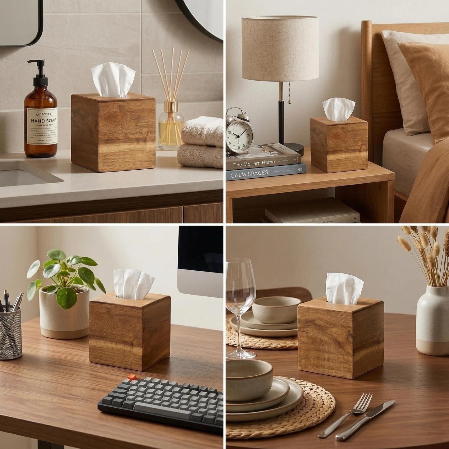 Chicvilla Tissue Box Cover Square, Acacia Wood Tissue Box Holder with Slide-Out Bottom, Wooden Tissue Box Cover Cube for Bathroom, Bedroom, Dinner Table, 5.5 x 5.5 x 6.1 inches