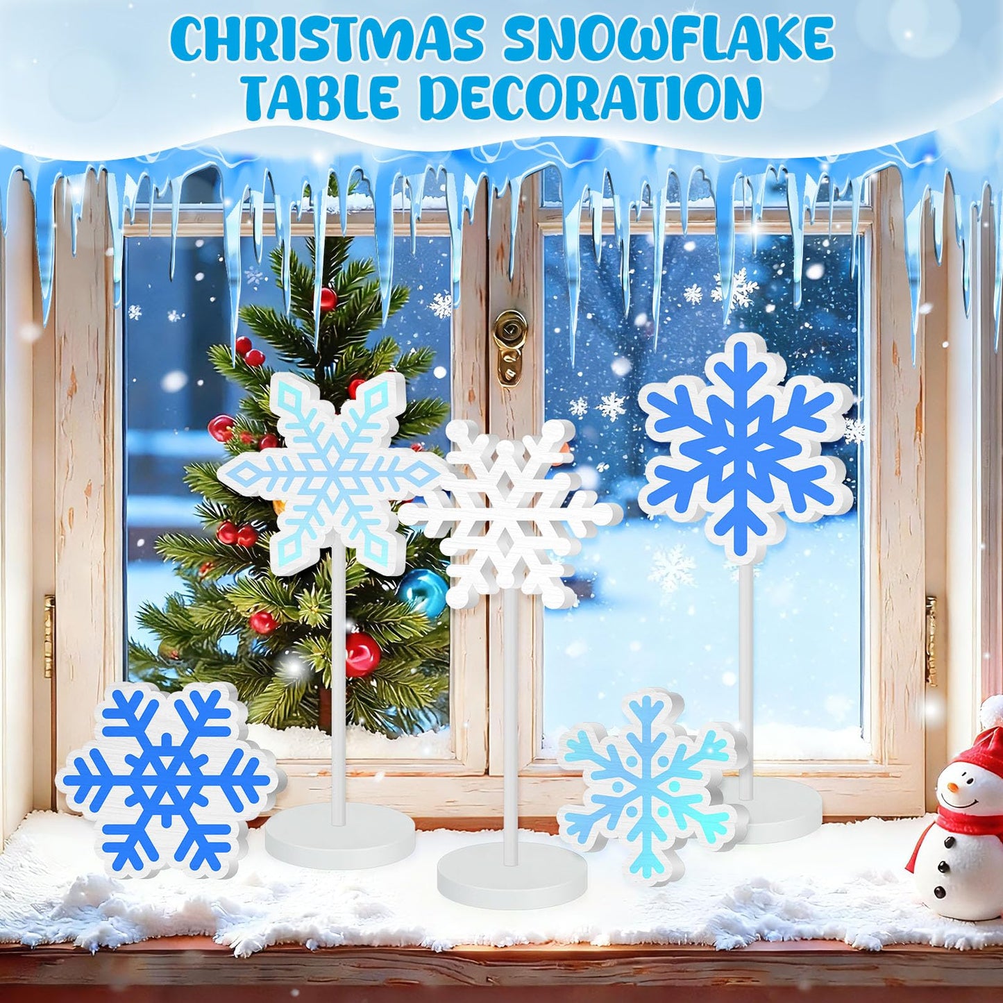 Geelin 10 Pcs Wooden Snowflake Table Decor Winter Decoration Snowflakes Table Centerpiece Standing Snowflakes Tabletop Signs Tabletop Gift for Winter Holiday Wonderland Home Desk Party Decoration