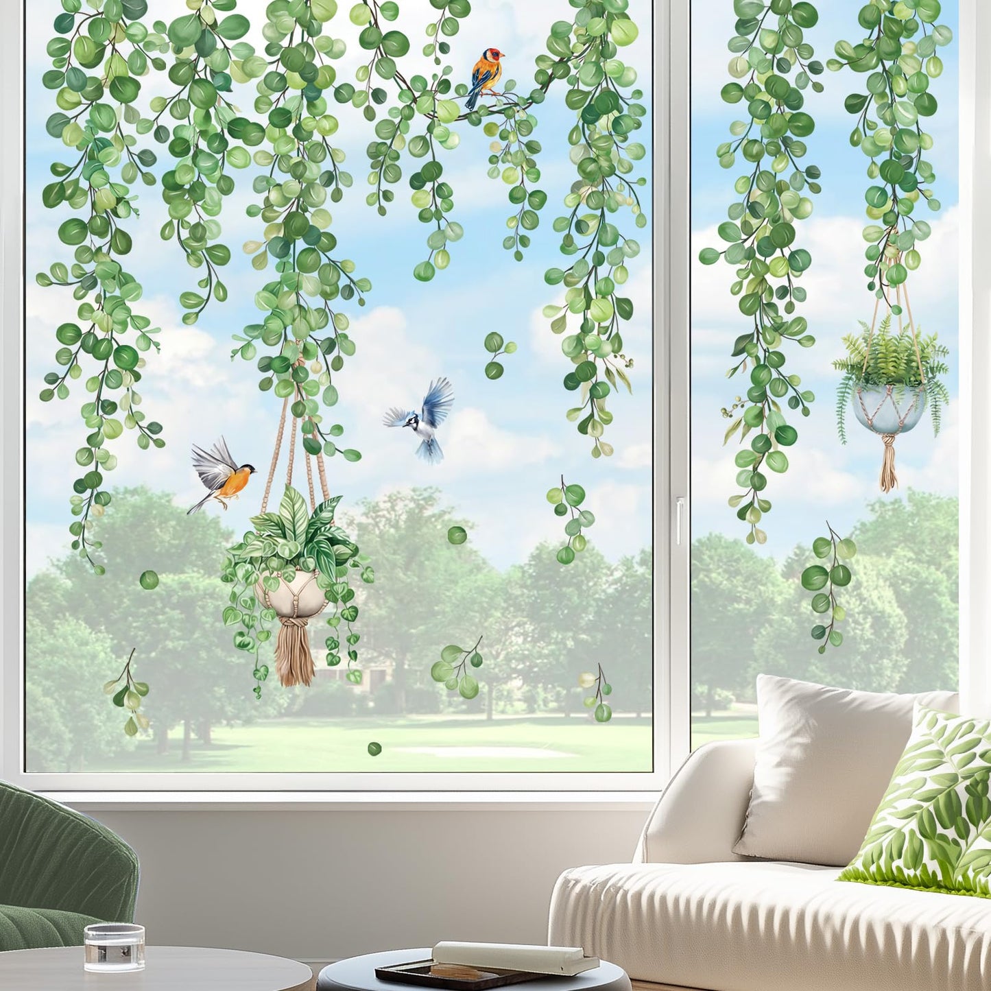 decalmile Spring Hanging Vine Double Sided Window Clings Green Leaves Plants Window Decals Anti-Collision Glass Window Doors Window Stickers