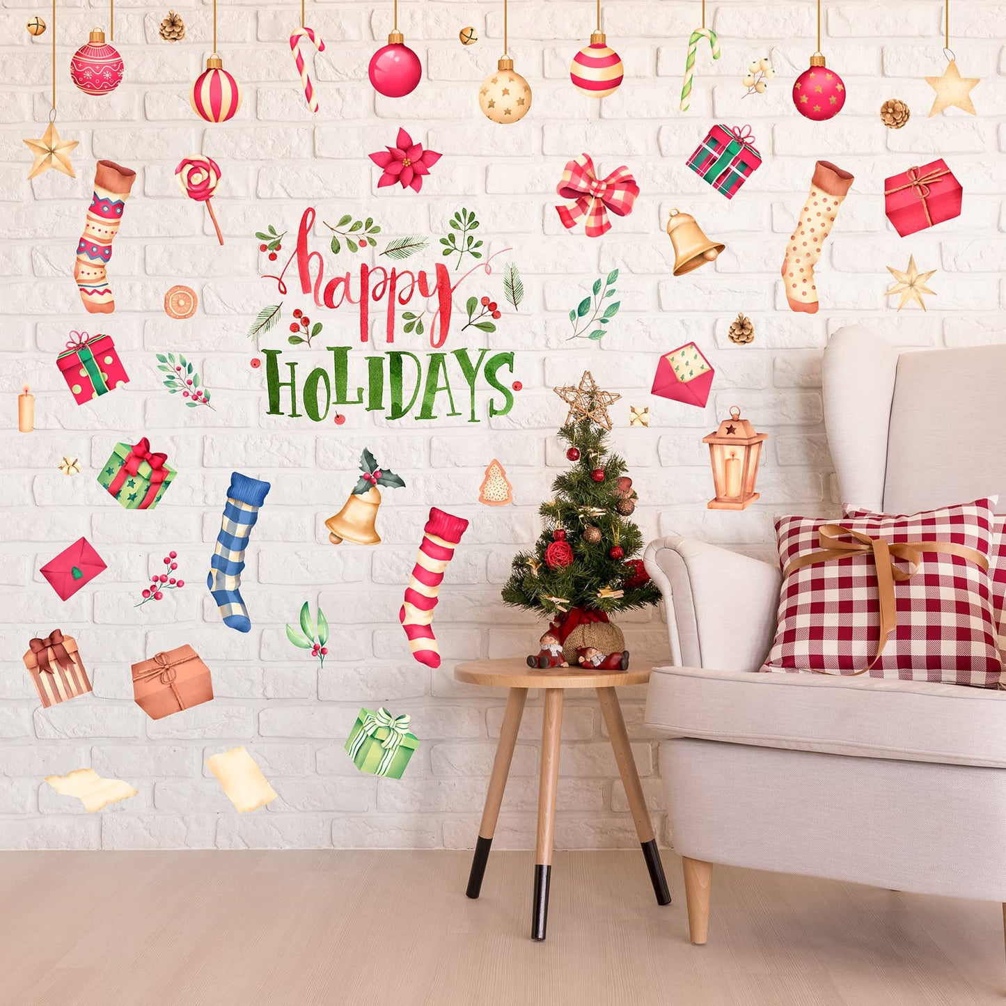 Happy Holiday Wall Stickers Christmas Window Stickers with Socks Candy Copper Bell Decals Removable Vinyl Wall Decals Window Xmas Self-Adhesive Holiday Home Decoration