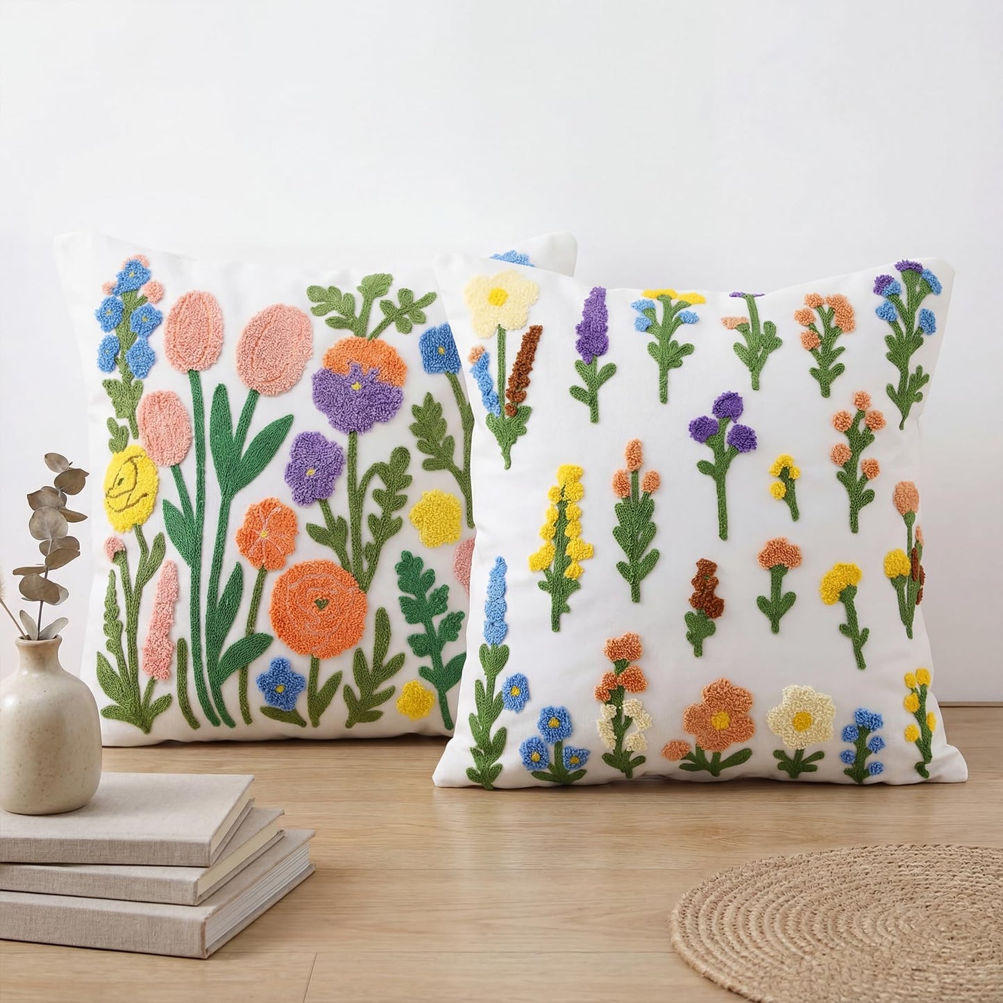 Gilprop 2 Pcs Embroidered Throw Pillow Covers Boho Square Pillow Covers Floral Spring Leaf Plant Cushion Cases for Bed Couch Sofa Bedroom Living Room Home Decor(Flowers,18 x 18 Inches)