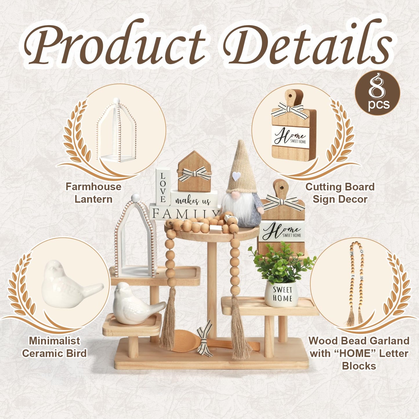 Farmhouse Tiered Tray Decor Set, 8 PCS Rustic Sweet Home Tabletop Decorations with Wooden Signs Lantern Plant Gnome Bead Garland & Bird Accent, Cozy Country Decorations for Home Table Kitchen Island