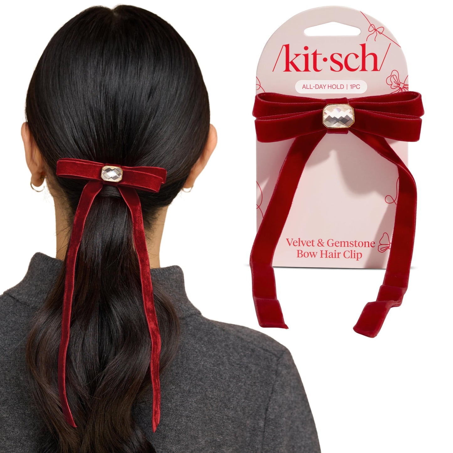 Kitsch Velvet Bow Hair Clip with Gemstone – Red Duckbill Hair Clips for Women | Lightweight, Comfortable, Secure Hold | Perfect Hair Accessories, Gifts for Women