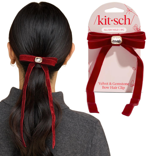 Kitsch Velvet Bow Hair Clip with Gemstone – Red Duckbill Hair Clips for Women | Lightweight, Comfortable, Secure Hold | Perfect Hair Accessories, Gifts for Women