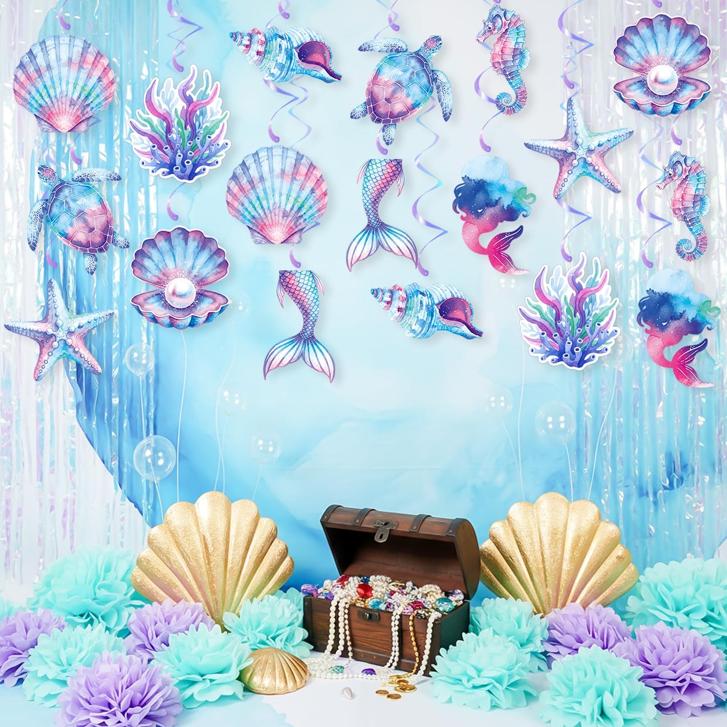 Mermaid Hanging Swirls, 36Pcs Mermaid Ceiling Streamers Sea Creature Hanging Decorations for Ocean Mermaids Theme Party Supplies