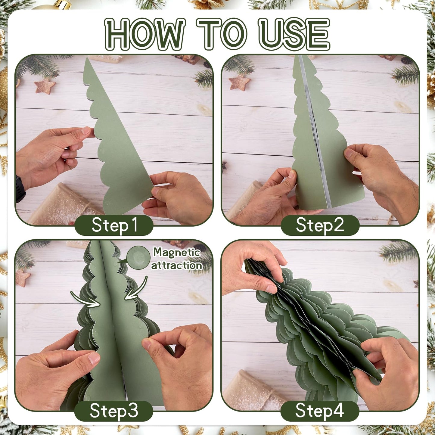OBBOLO 6 Pcs Paper Christmas Tree, Beige, Sage Green and Dusty Pink Tabletop Christmas Decorations with Magnetic Closure, 12" & 6" Foldable Reusable Holiday Trees for Mantel, Table Centerpiece