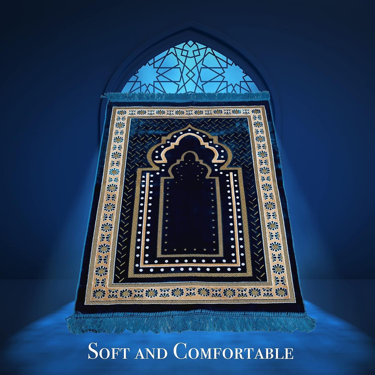 TB Muslim Prayer Rug Islamic, Soft Velvet Mat Ramadan Gift, with Prayer Bead Unique Decoration Gilded Gold-Like Embroidered for Women Man Kids Meditation Turkish African (Blue)