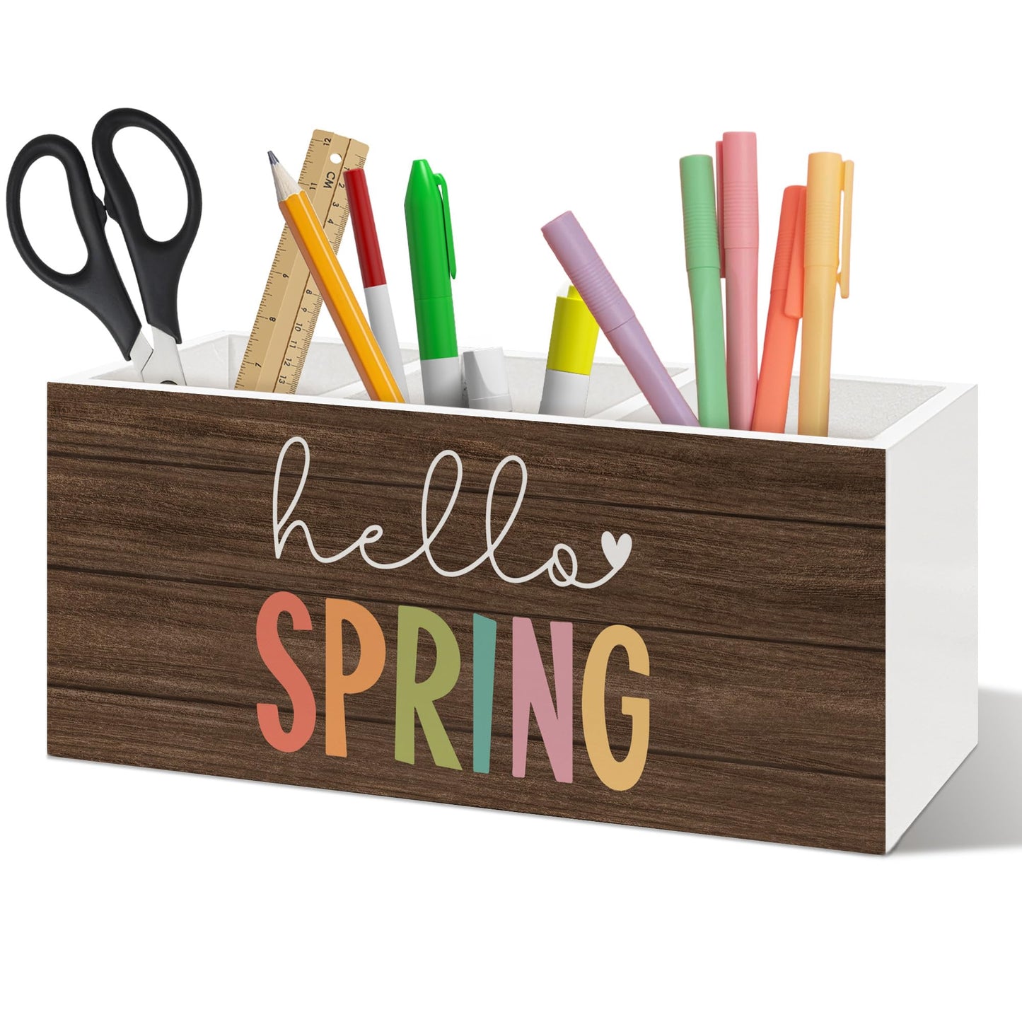 ANIANG Hello Spring Decor Pen Holder Organizer, Spring Seasonal Desk Decor, Rustic Farmhouse Wooden Pen Pencil Holders for Home Room Office Garden Desk Accessories