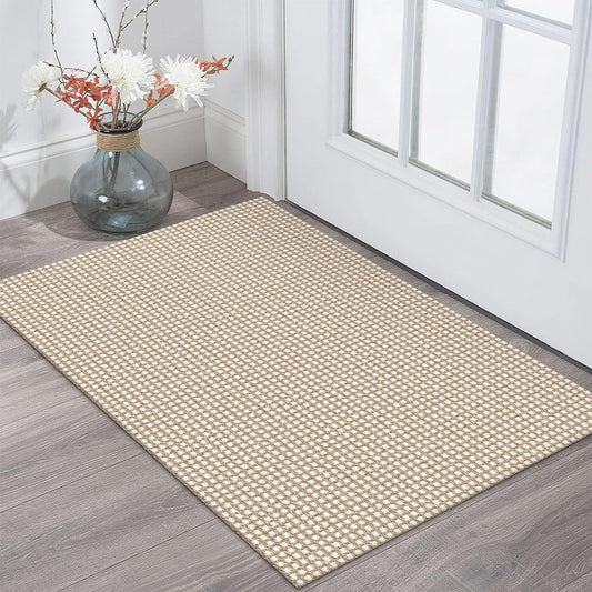 KOZYFLY Indoor Door Mat 2x3 ft Small Area Rugs Washable Front Door Mat Non Slip Rubber Backed Entryway Rug Cotton Entrance Doormat for Front Porch Bathroom Kitchen Bedroom, Ivory/Khaki