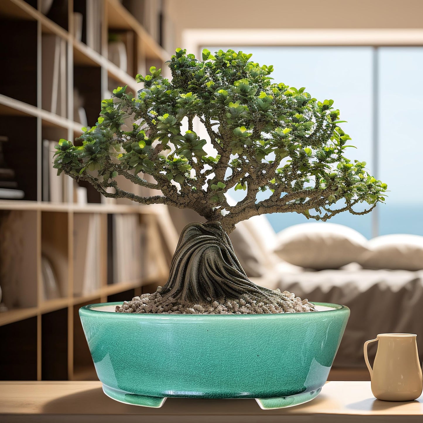 MUZHI 9” Glazed Oval Green Bonsai Planter Pot with Humidity Tray, Classic Neat Ice Crack Long Bonsai Tree Succulent Plant Pot with Saucer