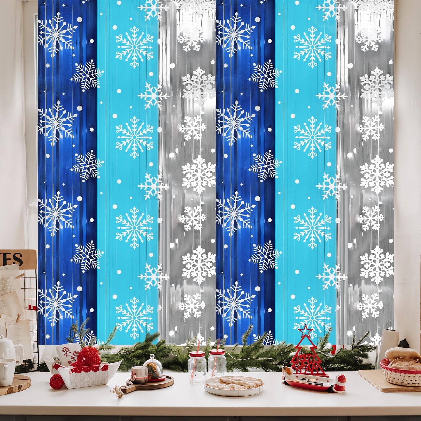 HOWAF 2 Pack Snowflake Foil Fringe Curtain, Winter Frozen Decoration, Blue Silver Winter Christmas Tinsel Foil Fringe Photo Booth Backdrop, Wonderland Tinsel for Birthday Party 3.2 * 6.5ft