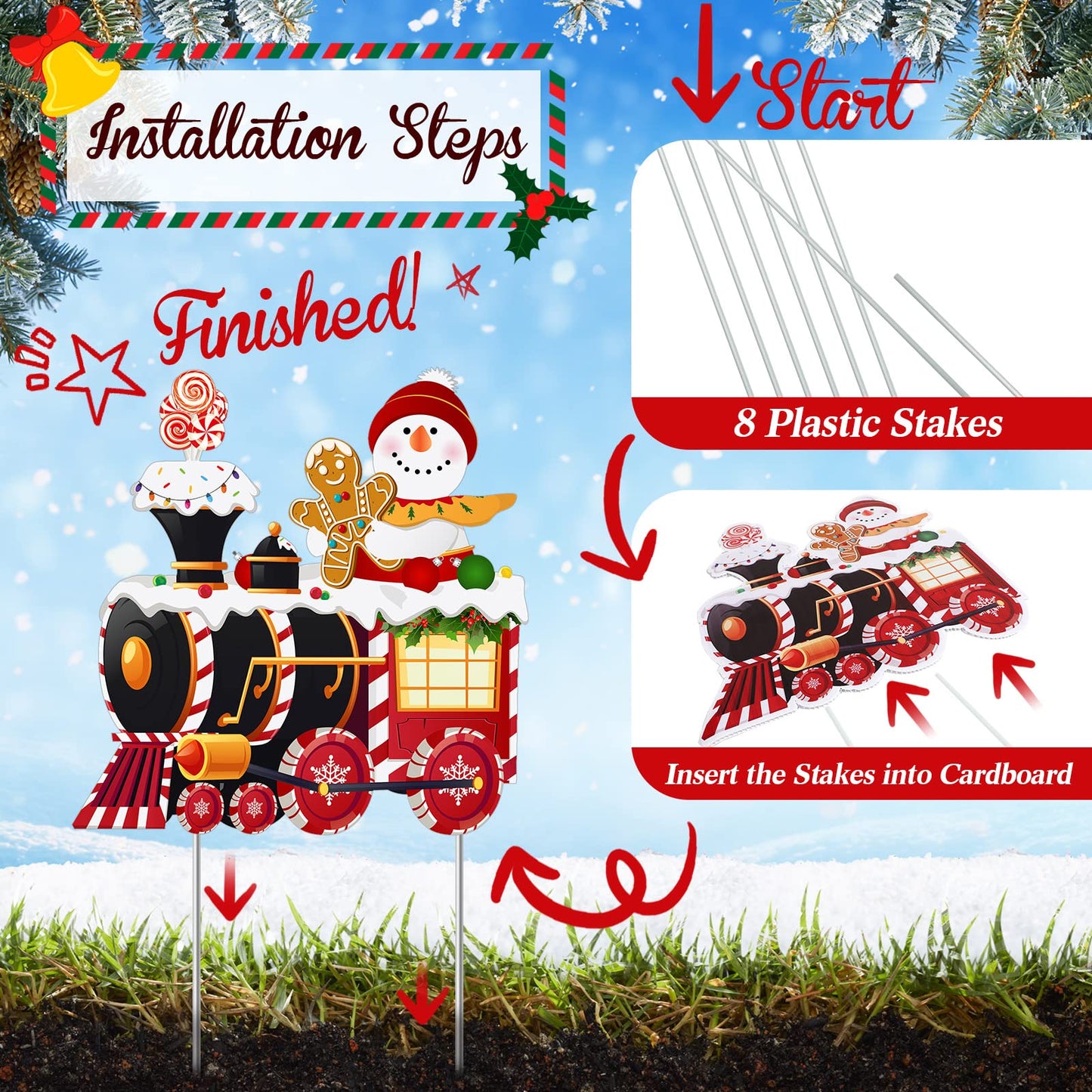 Marsui 4 Pieces Christmas Train Decorations Outdoor Yard Lawn Signs Christmas Tree Gingerbread Santa Snowman Reindeer Train with 8 Stakes for Xmas Holiday Outside Garden Lawn Yard Decor