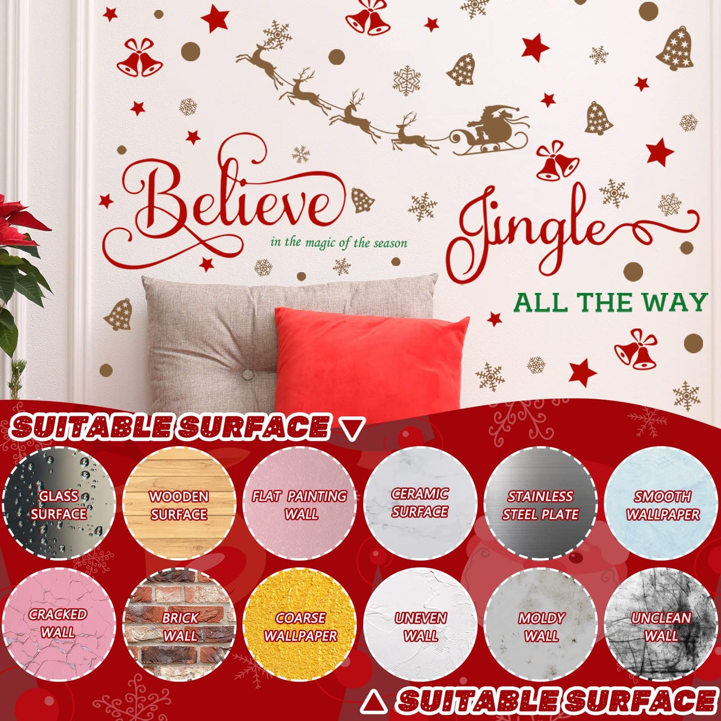 Hotop 4 Sheets Christmas Wall Decals Believe Quote Wall Stickers Christmas Wall Decor Reindeer Snowflakes Window Clings Vinyl Wall Art Decal Removable for Christmas Party Supplies Home Window Decor