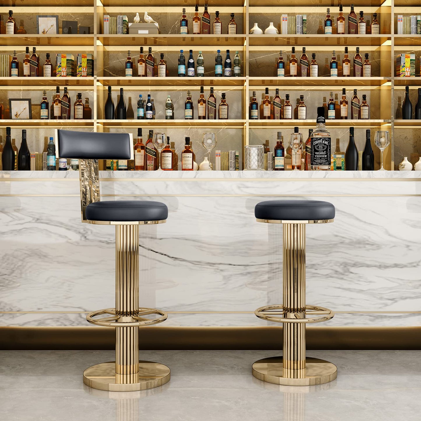 FUNROLUX Swivel Bar Stools with Backrest, Modern Adjustable Height Counter Stool with Metal Legs and Comfortable Cushion, Black and Gold Bar Chair for Kitchen Island Counter (Black)