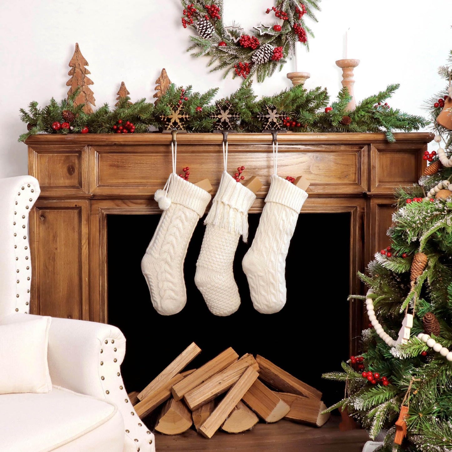 Personalized Christmas Stockings Cable Knit, 3 Pack 18 inches White Large Size Knitted Stockings, Rustic Christmas Ornaments Farmhouse Boho Style Stocking Decorations for Family Holiday Season Decor
