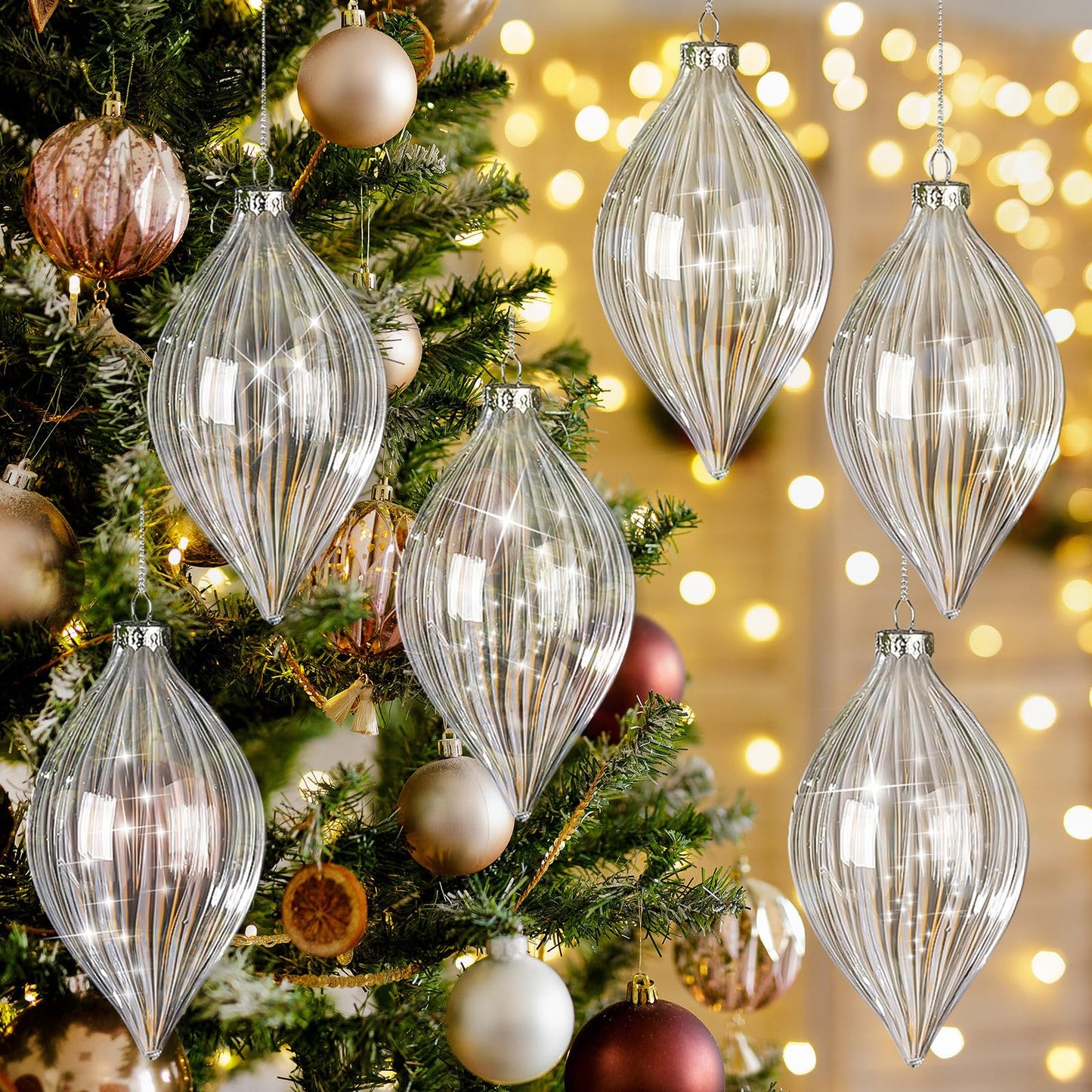 Sumind 6 Pcs 5.8" Glass Christmas Ornaments Hand Blown Glass Ornaments Crystal Balls DIY Clear Hanging Decorations with Metal Hook for Winter Xmas Tree Window Elegant Luxury Decor Gift(Stripe Style)