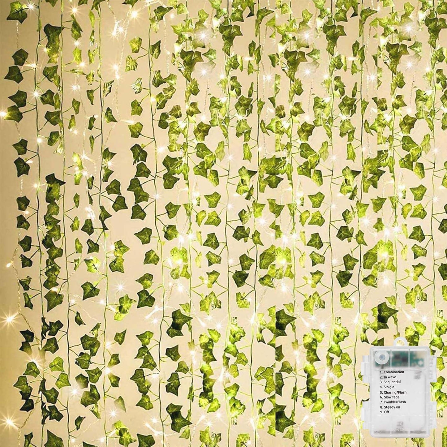 KASZOO 84Ft 12 Pack Artificial Ivy Garland Fake Plants, Vine Hanging Garland with CE Certified 80 LED String Light, Hanging for Home Bedroom Garden Party Wedding Wall Room Decor, Green