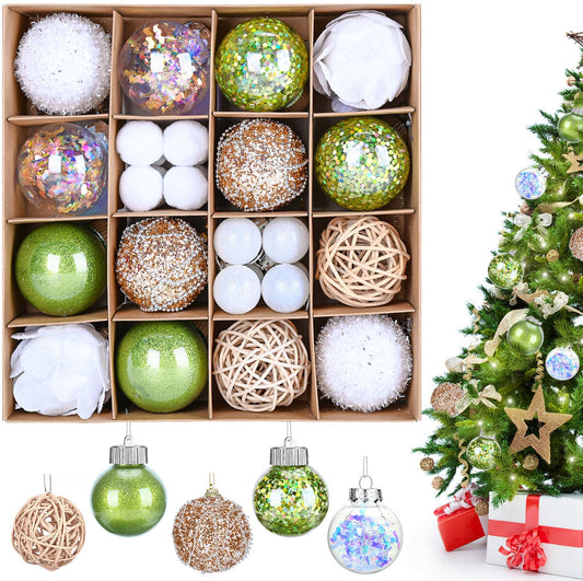 30Pcs Christmas Balls Ornaments Set, Assorted Shatterproof Christmas Ornaments, Colorful Xmas Tree Decoration with Hanging Loop for Wreath Holiday Home Decor, Green & White