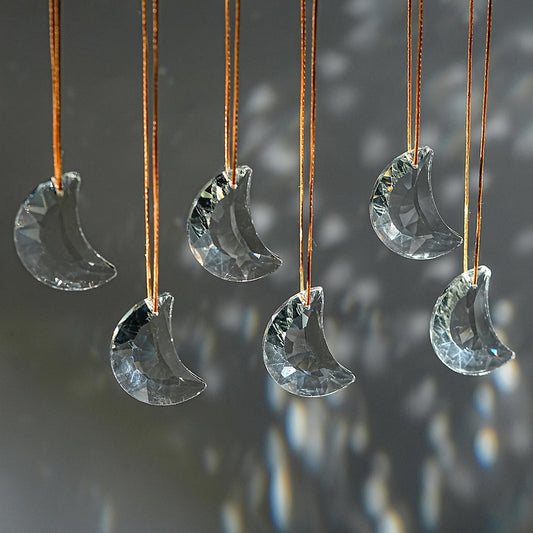 LOULIQIGIFT 1.9in Clear Faceted Crystal Moon Prisms Ornaments Glass Hanging Crystals Crescent Moon Tree Ornaments for Window Home Car Wedding Party Mother's Day Decoration (Set of 6)