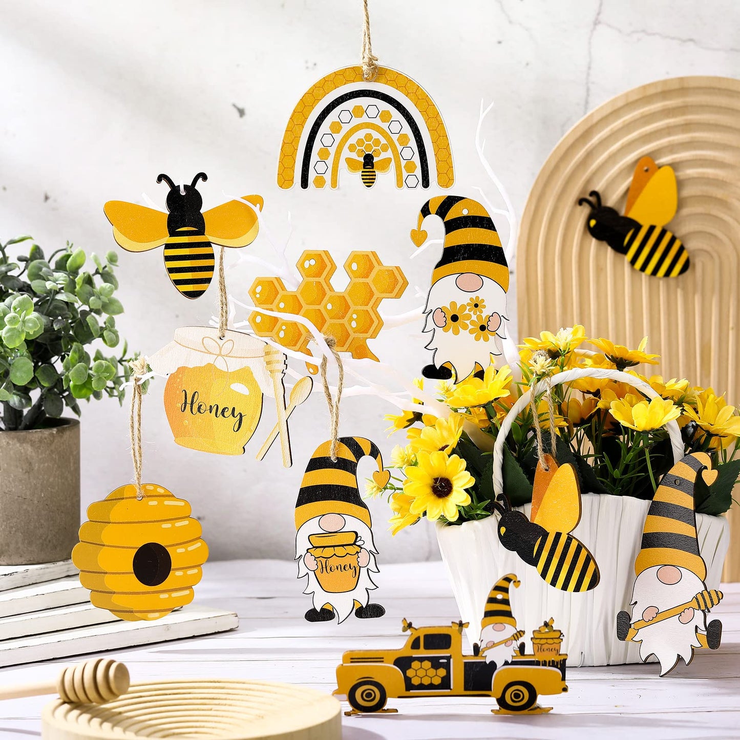 Karenhi 30 Pcs Bee Ornaments Bee Christmas Tree Decorations Spring Summer Wooden Hanging Ornament Honeybee Bumble Gnome with Rope for Small Trees Baby Shower Birthday Themed Party Favors Supplies