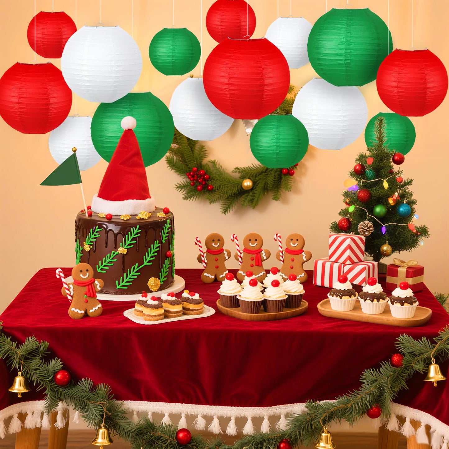 KAXIXI Christmas Party Decorations, Red White Green Hanging Paper for Xmas Party New Year's Eve Christmas Theme Birthday Italian Party Decor Yard Garden，15pcs
