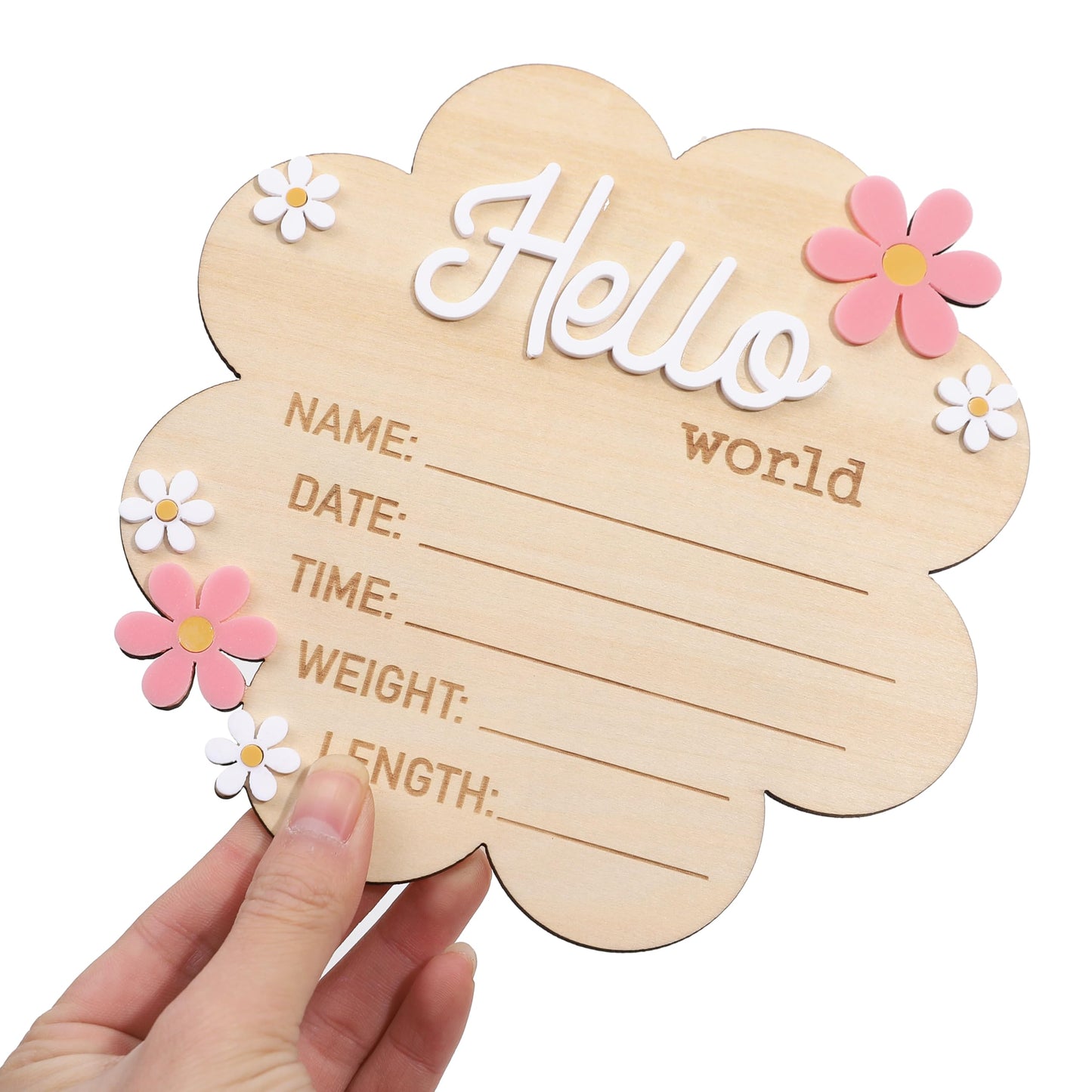 Hello World Newborn Sign - Wooden Baby Name Announcement Board, Daisy Design, Gender Neutral Nursery & Hospital Photo Props Keepsake Gift